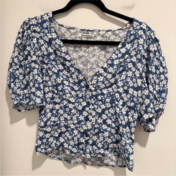 Reformation Madeline Floral Puff Sleeve Blouse Raquel Blue White Size 4 - Picture 6 of 9